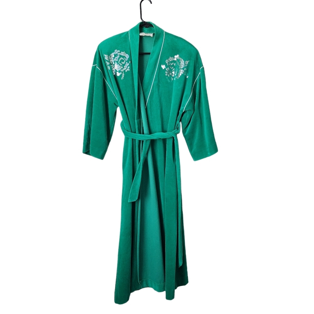 LUCIE ANN 1960s‎ glamour robe smoking robe dressing robe sequin rose in green
